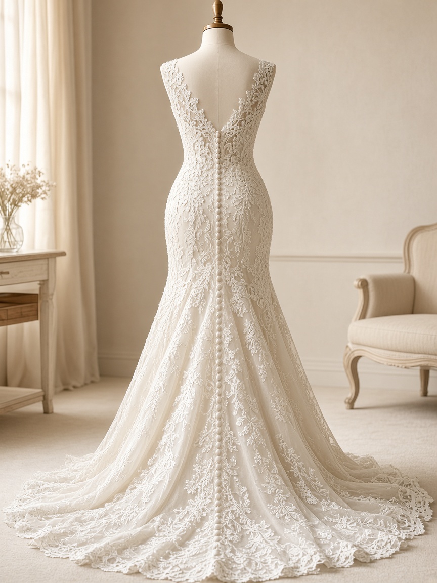 Back of a lace wedding gown on a mannequin