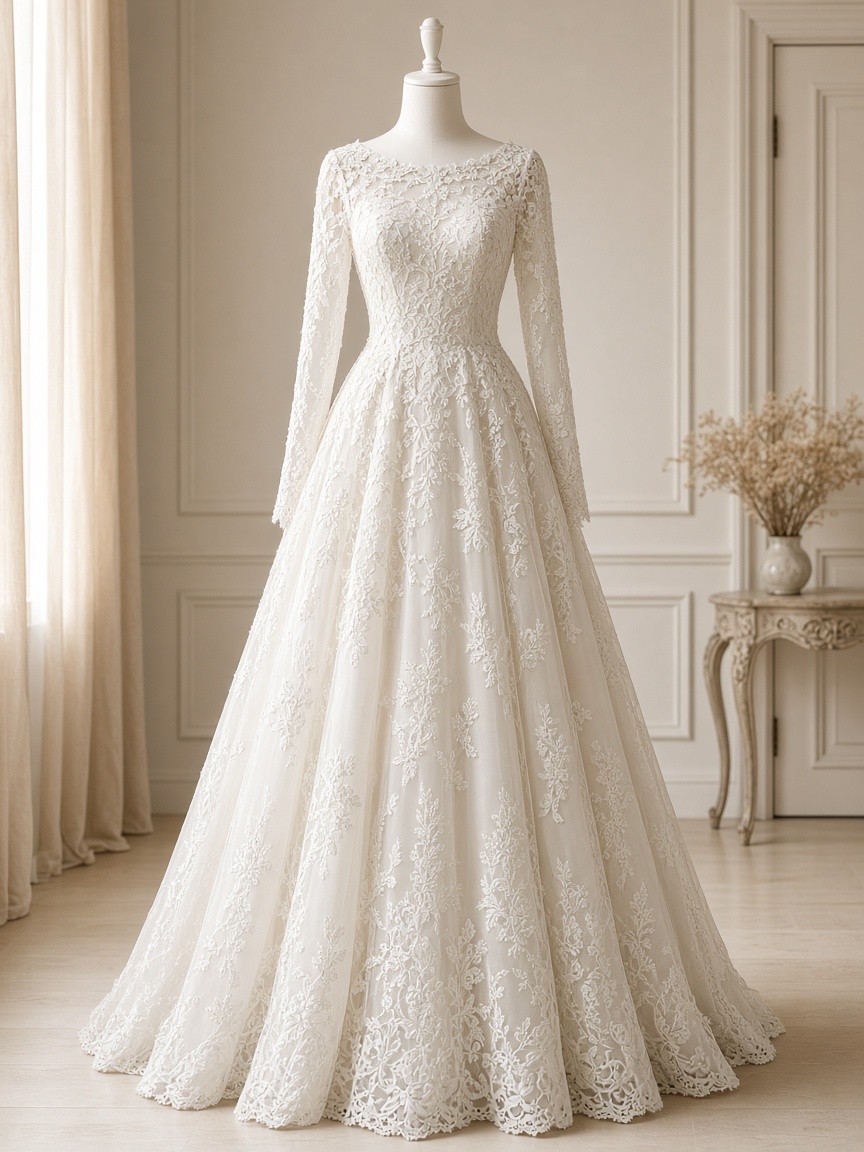Ivory lace wedding gown on a mannequin, front view