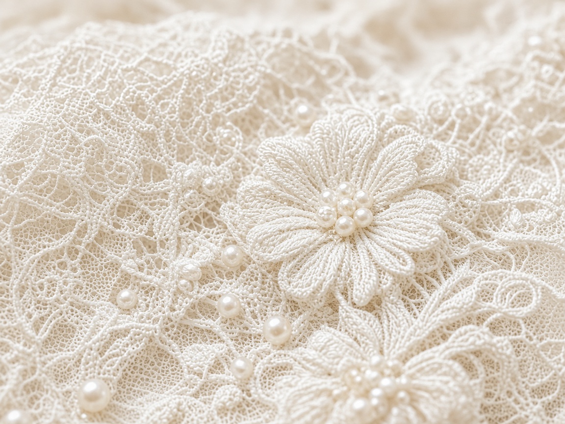 Close-up of wedding dress lace and beadwork
