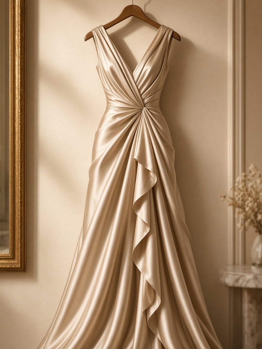 Champagne satin formal dress on a hanger