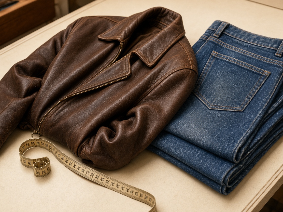 Leather jacket and denim with a measuring tape