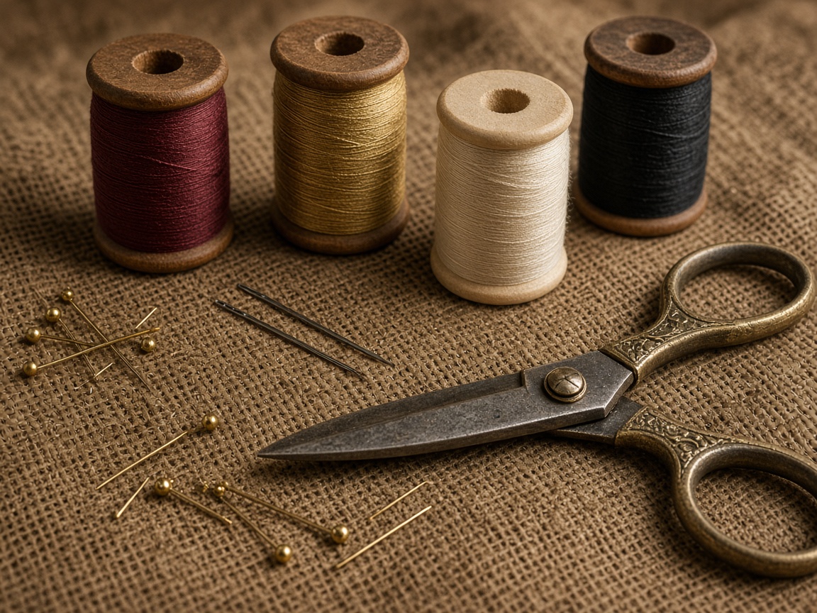 Wooden bobbins, tailor scissors and pins on hessian