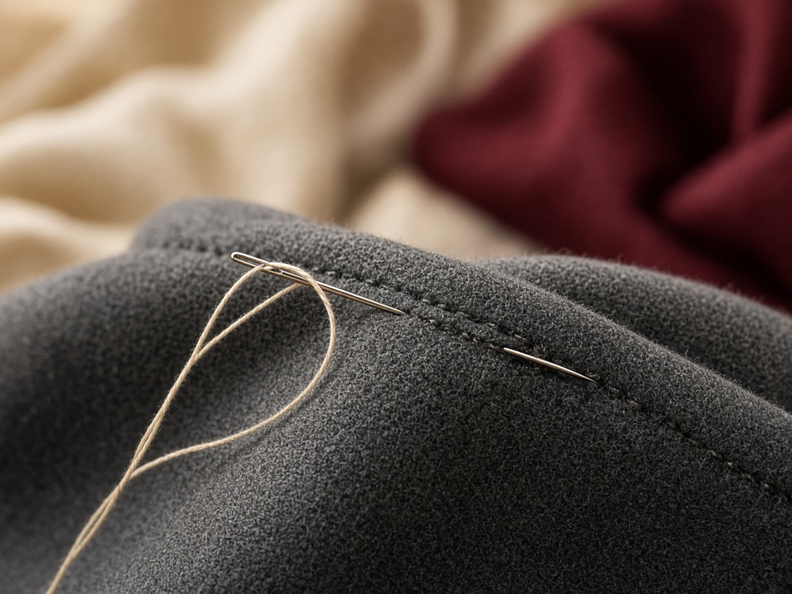 Needle and thread working through wool fabric