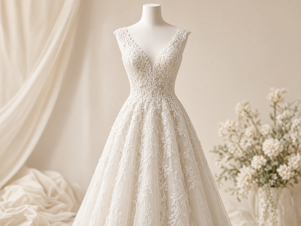 Ivory lace wedding dress on a dressmaker mannequin