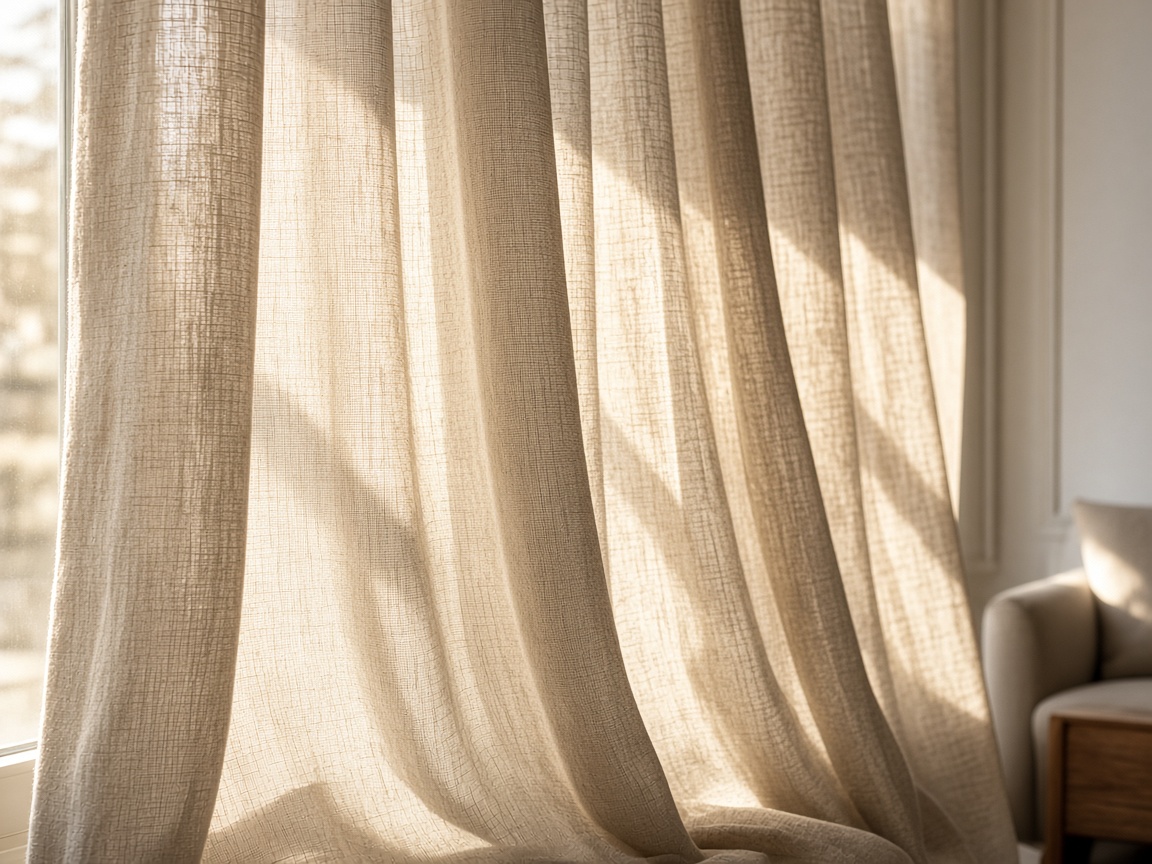 Beige linen curtains in soft folds