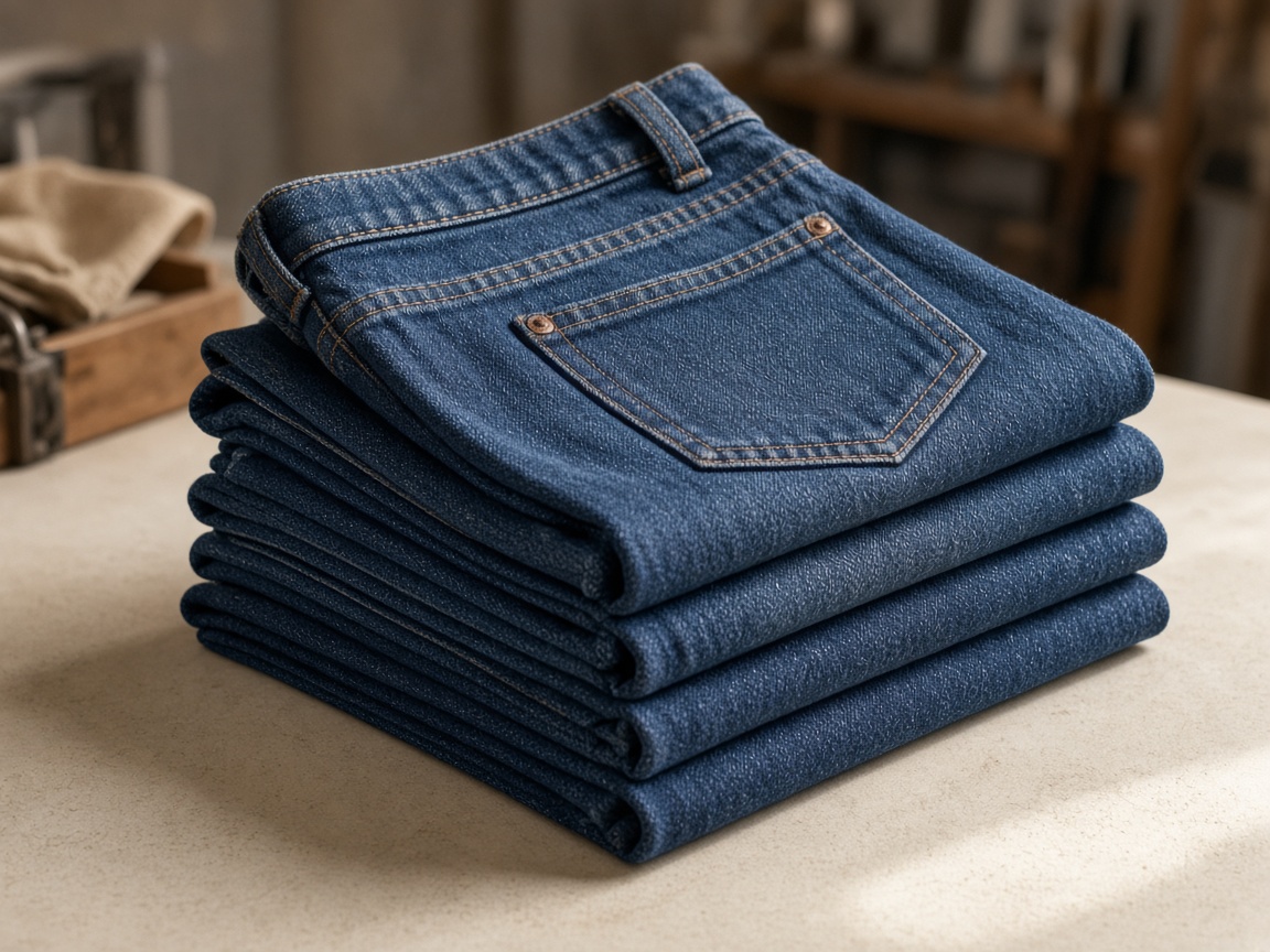 Folded indigo denim jeans on a work table